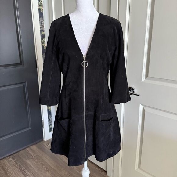 Alexis Black Suede Dominique V-Neck O-Ring Zipper Kimono Mini Dress Size M - Picture 1 of 7